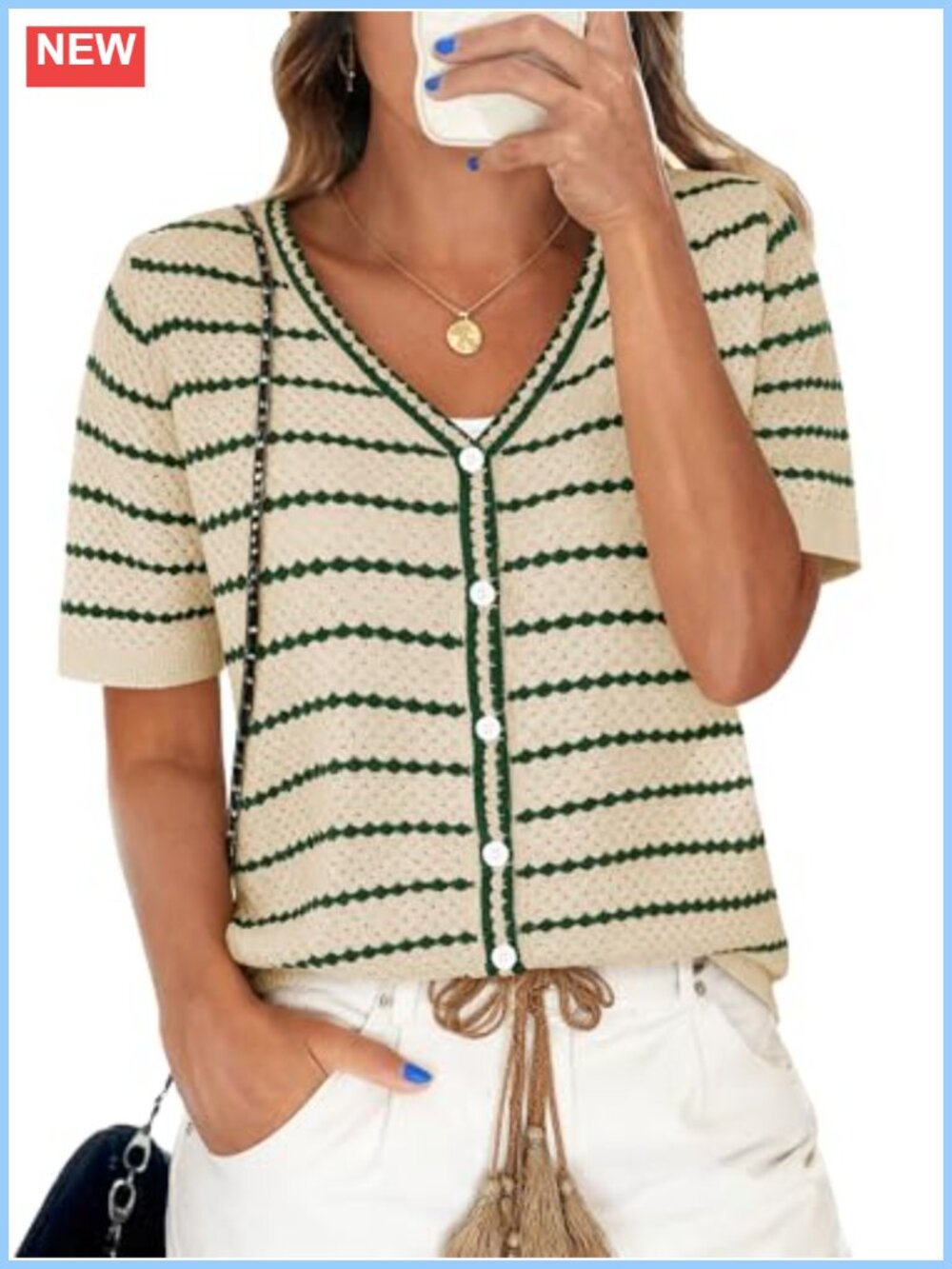 Crochet V-Neck Button Down Cardigan Short Sleeve Striped Knit Top